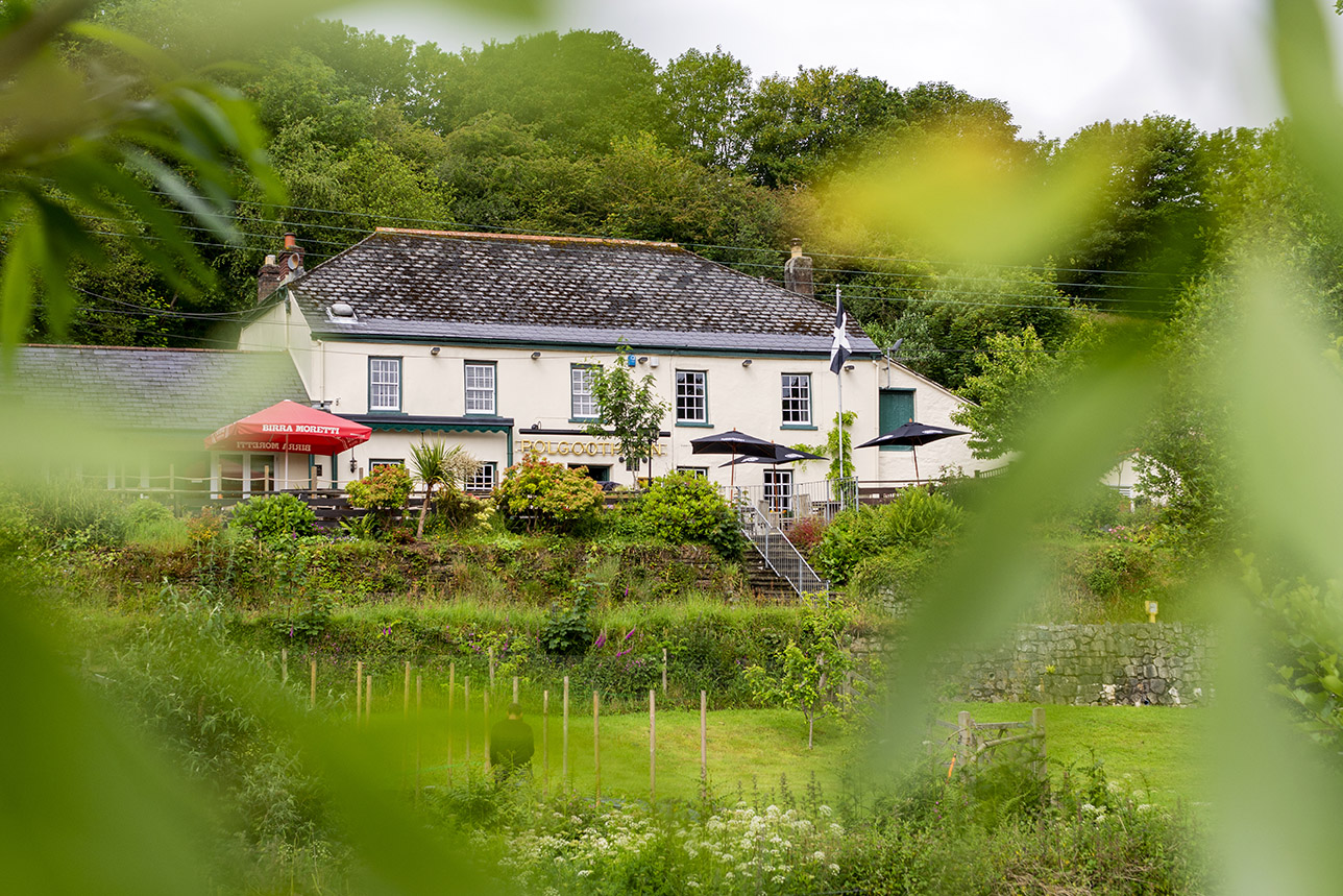 View through the trees of Polgooth Inn 