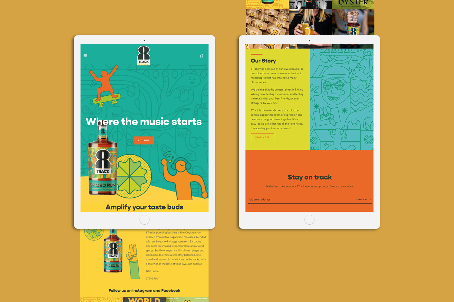 Mock up image of the 8Track Rum website on two iPad screens on a mustard yellow background