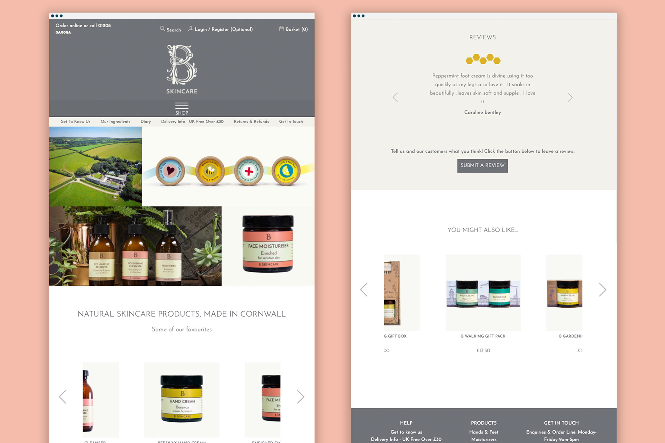 Website design for B Skincare, showing home page and product review