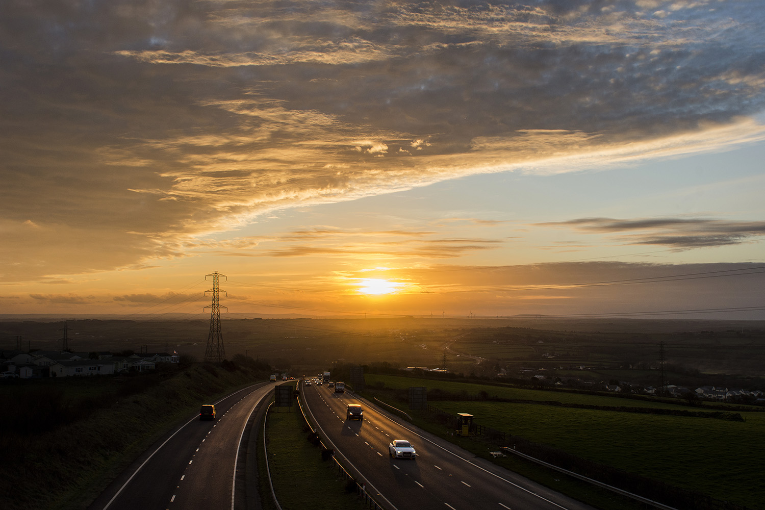 Sun set over the A30 in mid-Cornwall