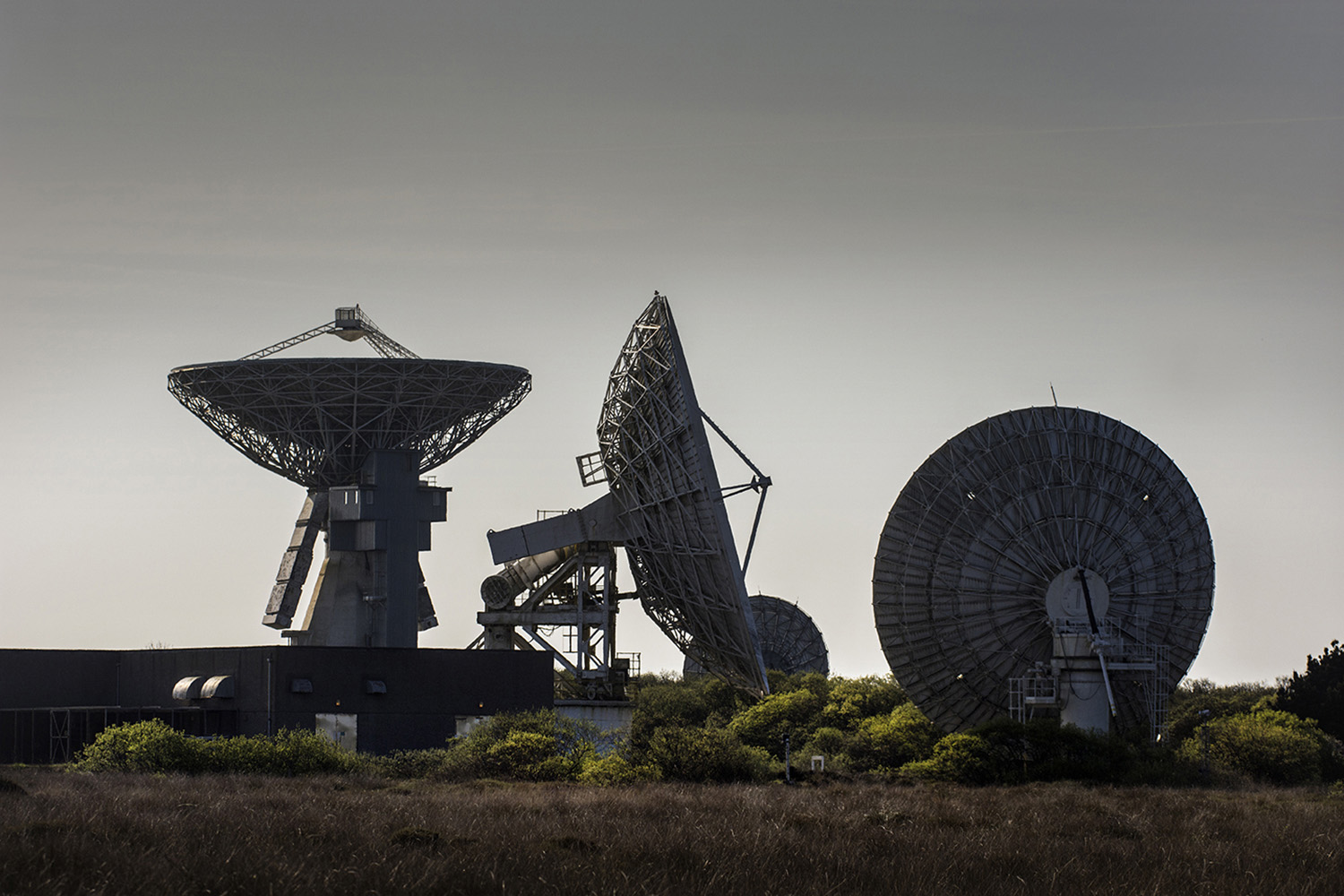 Silhouettes of satellite dishes at Goonhilly Earth Station