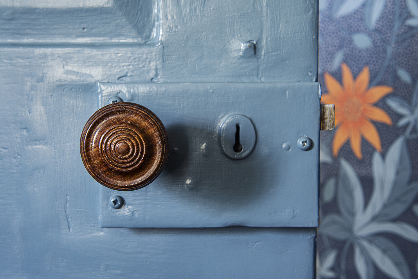 close up of blue painted door with orange and blue patterned wallpaper in the background