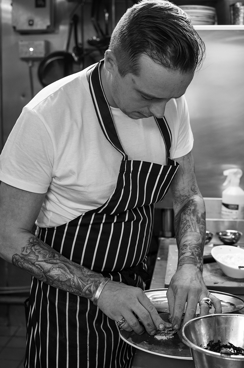 black and white photo of chef Robert Bunny at The Ferryboat Inn on the Helford river