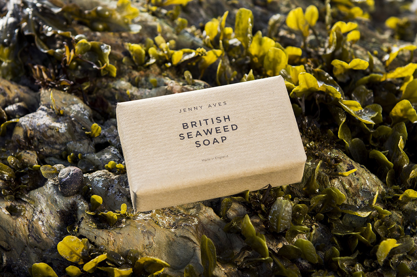 a bar of Jenny Aves' seaweed soap on a rock surrounded by dark seaweed