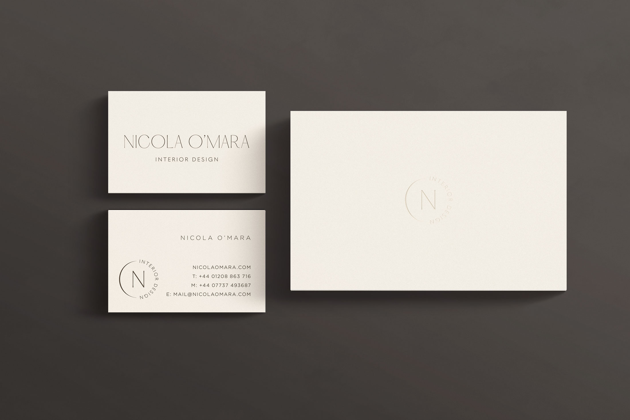stationery design for Nicola O'Mara showing a business card and postcard