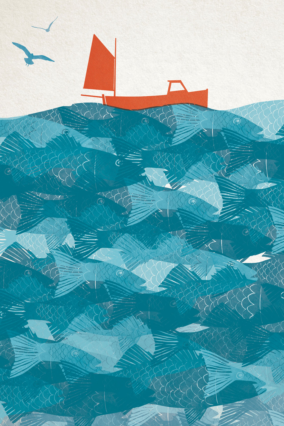 illustration of an orange fishing boat floating upon a sea of illustrated fish.