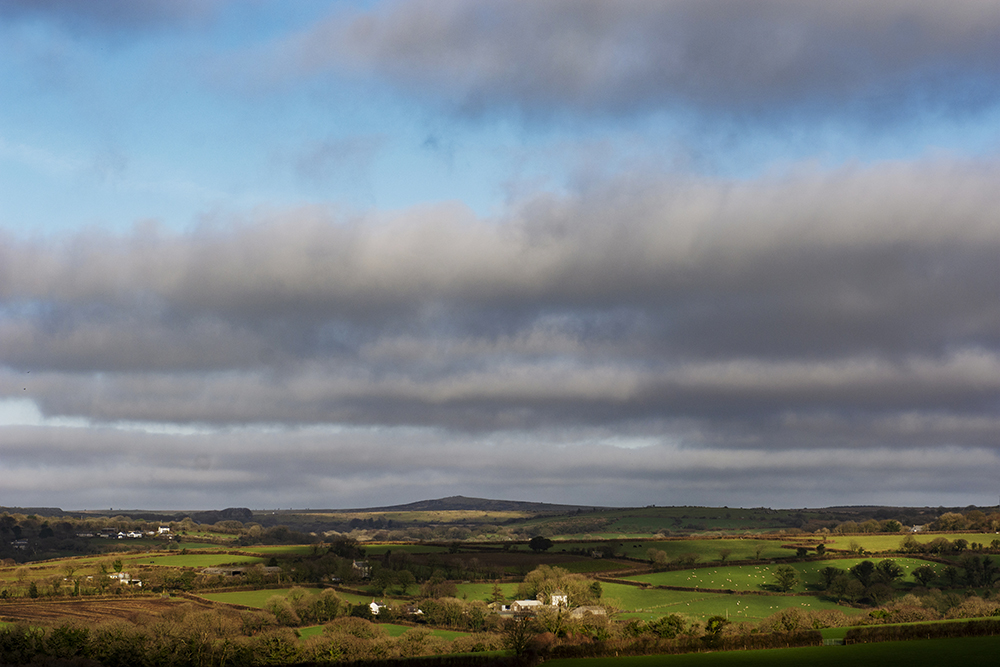 View of Bodmin Moor with clouds and blue sky