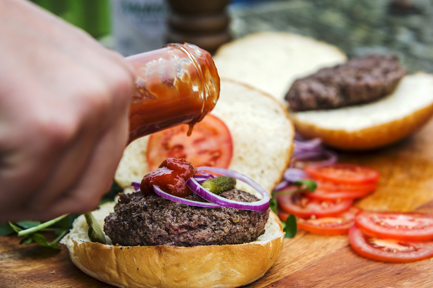 Cornish ketchup burger recipe, food and drink photography